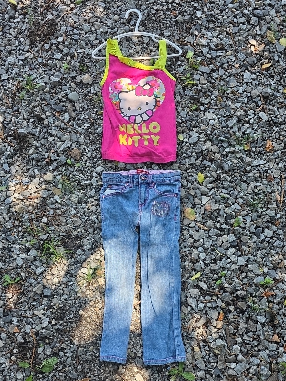 Hello Kitty Hot Pink Tank with Lime Green Trim And Jeans With Embroidery 4/5